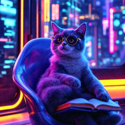 The primary subject of the image is a cat sitting in a chair. The cat is wearing glasses and appears to be reading a book. The setting is a room with a purple chair and a purple background. The visual style is a digital art, and the colors and mood are predominantly purple, creating a unique and whimsical atmosphere.